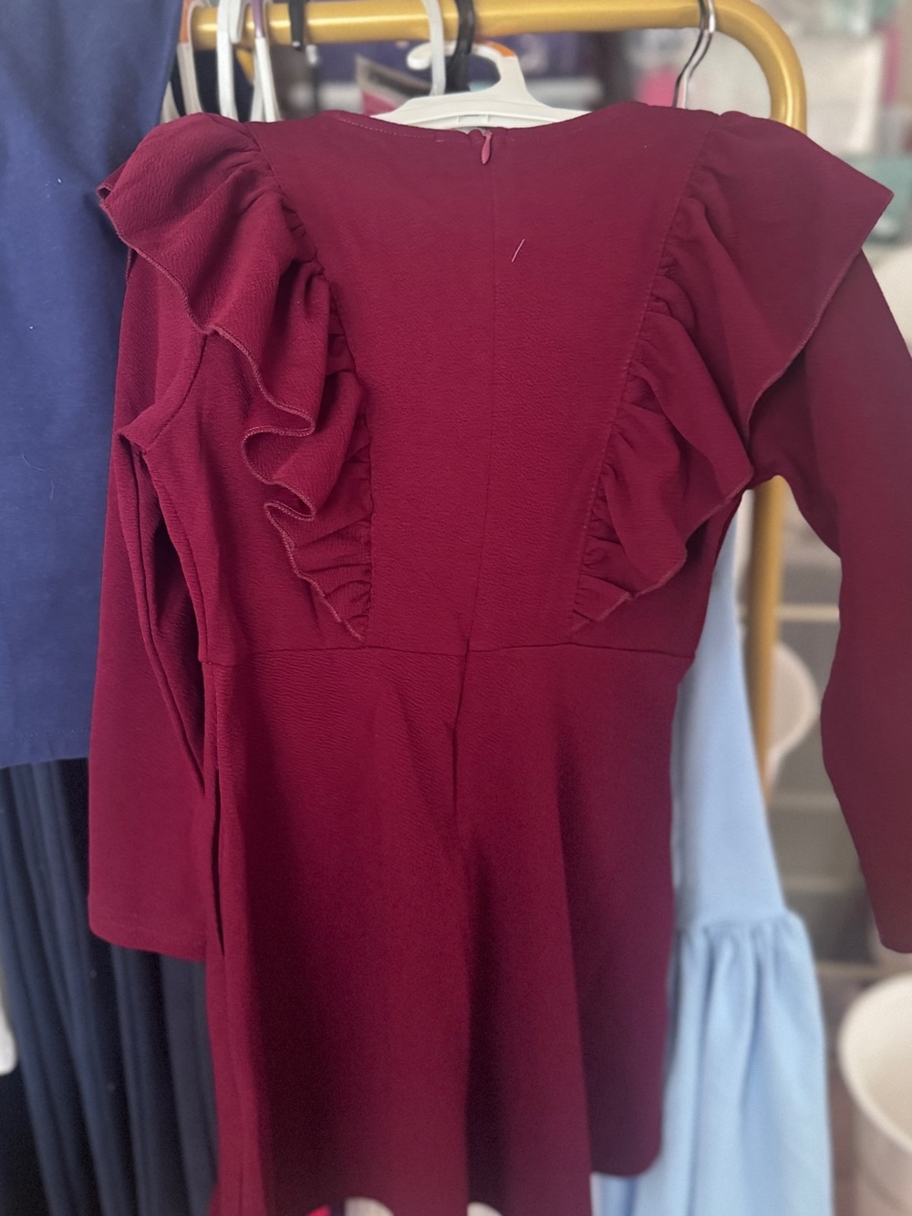 Girls' Ruffled Long-Sleeve Dress in Burgundy